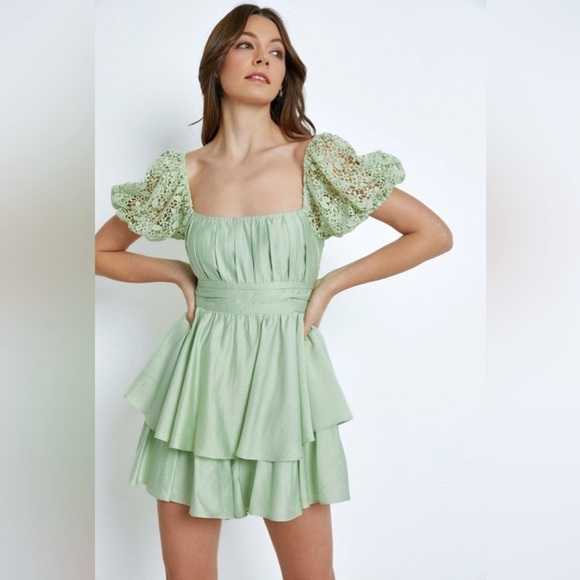 Mustard Seed Lace Sleeve Back Tie Ruffle Tiered Mini Romper Dress - Picture 1 of 3